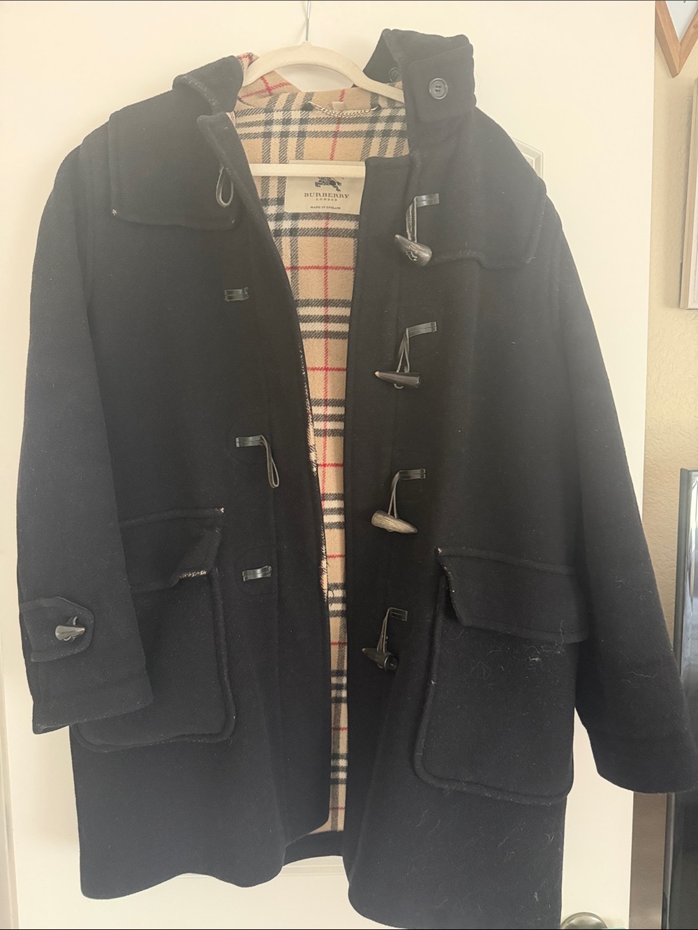 Burberry Black Wool Pea Coat with Signature Check Lining